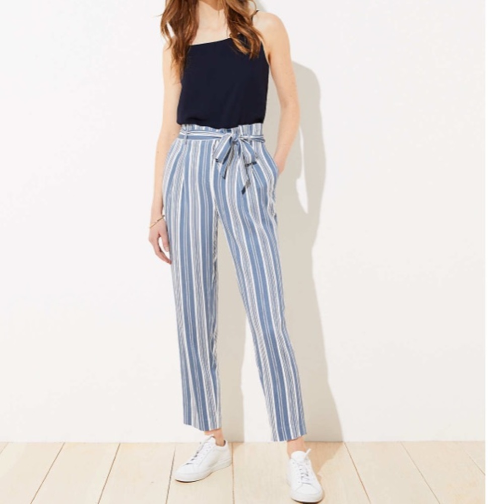 Loft tall striped paper bag waist pants/blue/white